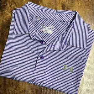 Under Armour XL Golf Polo Shirt Loose Fit Heat Gear Purple Grey Stripe Polyester